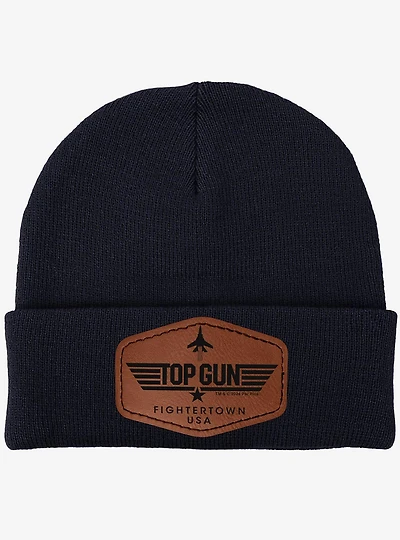 Top Gun Fightertown USA Stripe Logo Leather Patch Knit Beanie