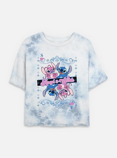 Disney Lilo & Stitch Angel And Card Womens Tie-Dye Crop T-Shirt