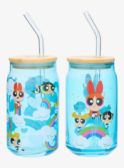Powerpuff Girls Rainbow Group Portrait Glass Cup with Straw Set