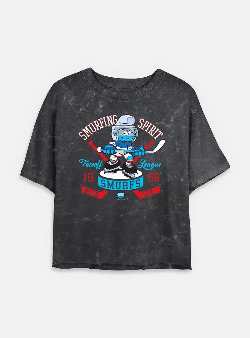 The Smurfs Smurfing Spirit Hockey Mineral Wash Womens Crop T-Shirt