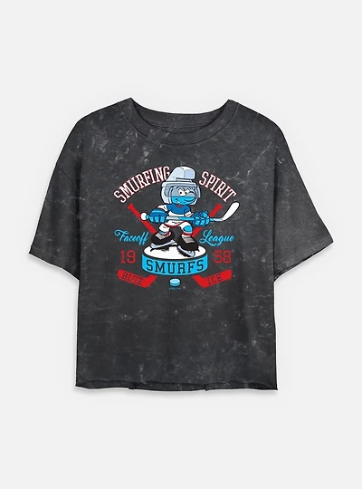 The Smurfs Smurfing Spirit Hockey Mineral Wash Womens Crop T-Shirt