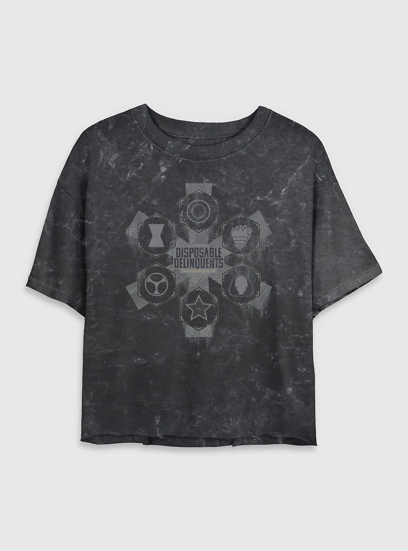 Marvel Thunderbolts* Disposable Delinquents Logos Mineral Wash Womens Crop T-Shirt