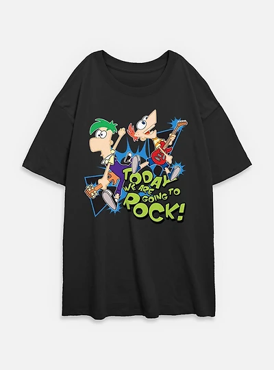 Disney Phineas and Ferb Today We Are Going To Rock Womens Oversized T-Shirt