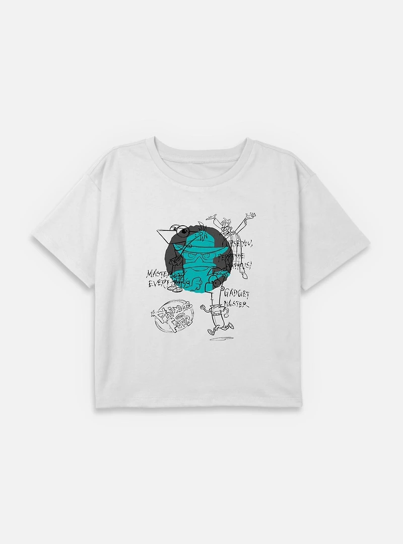 Disney Phineas and Ferb Sketch Characters Youth Girls Boxy T-Shirt