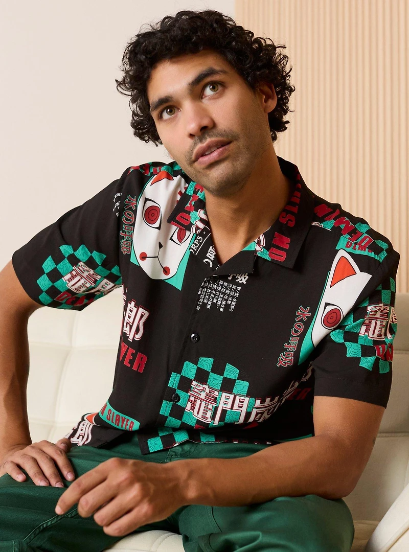 Demon Slayer: Kimetsu no Yaiba Tanjiro's Mask Allover Print Woven Button-Up