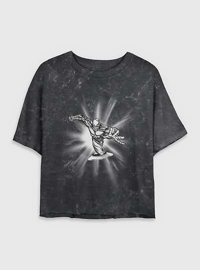 Marvel Fantastic Four Silver Surfer Action Womens Crop Mineral Wash T-Shirt