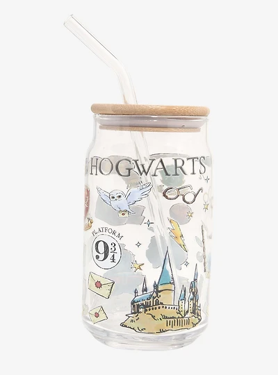 Harry Potter Hogwarts Icons Allover Print Glass Cup with Straw