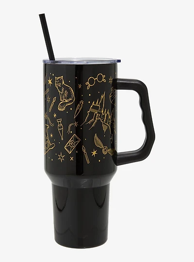 Harry Potter Gold Icons Straw Tumbler With Handle — BoxLunch Exclusive