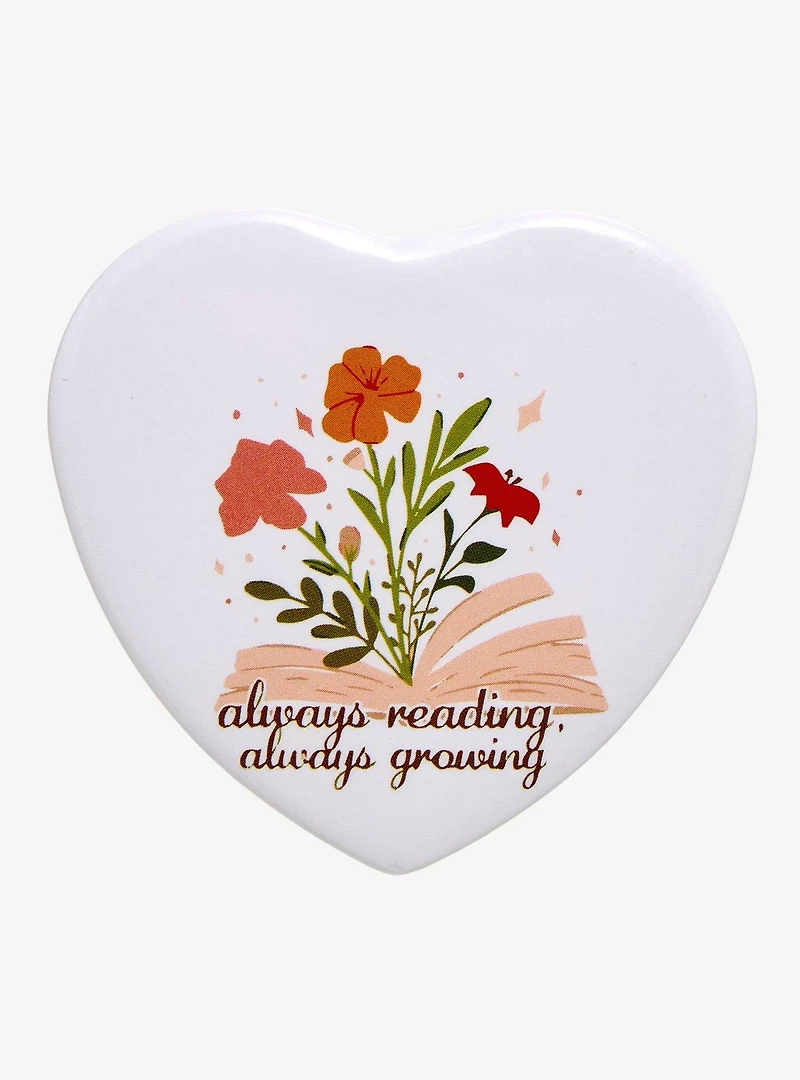 Always Reading, Always Growing Heart-Shaped Button Pin