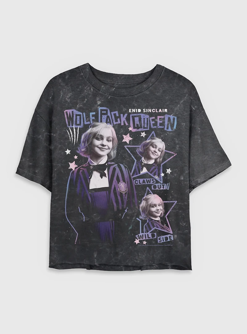 Wednesday Enid Wolf Pack Queen Mineral Wash Womens Crop T-Shirt BoxLunch Exclusive