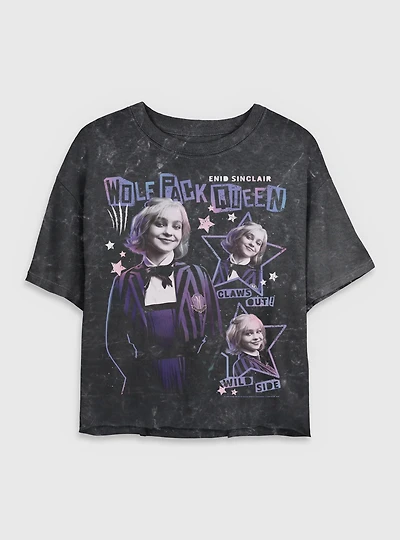 Wednesday Enid Wolf Pack Queen Mineral Wash Womens Crop T-Shirt BoxLunch Exclusive