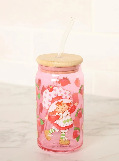Strawberry Shortcake Allover Print Glass Cup with Straw