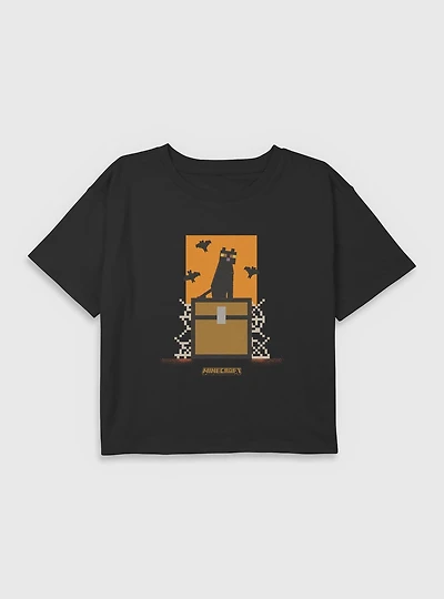 Minecraft Cat And Bats Youth Girls Boxy Crop T-Shirt