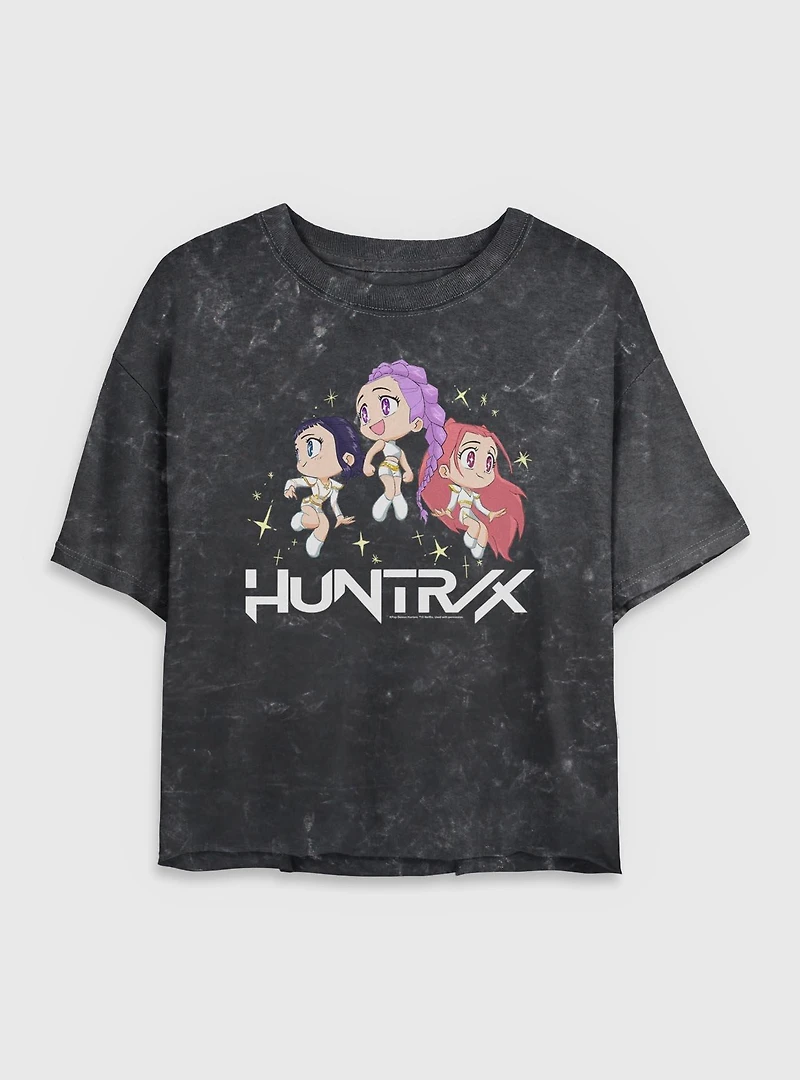 KPop Demon Hunters Chibi Huntrix Floating Stars Mineral Wash Womens Crop T-Shirt