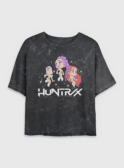 KPop Demon Hunters Chibi Huntrix Floating Stars Mineral Wash Womens Crop T-Shirt