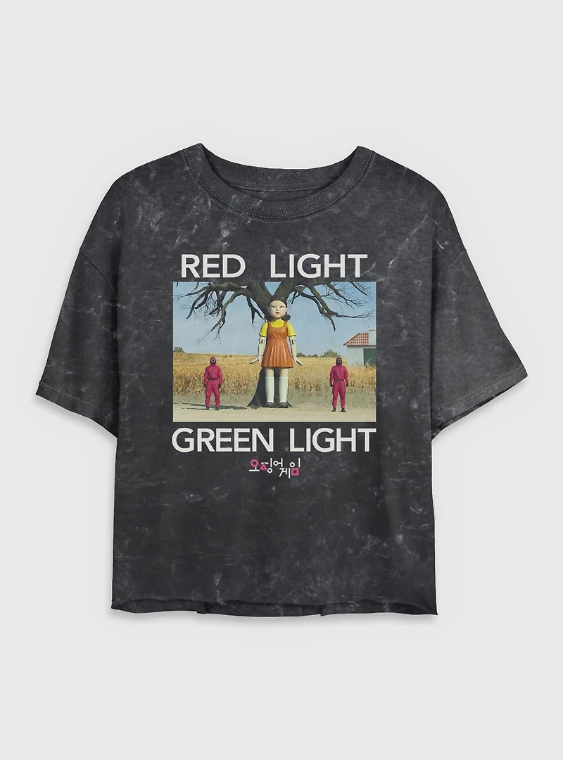 Squid Game Red Light Green Womens Mineral Wash Crop T-Shirt