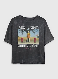 Squid Game Red Light Green Womens Mineral Wash Crop T-Shirt