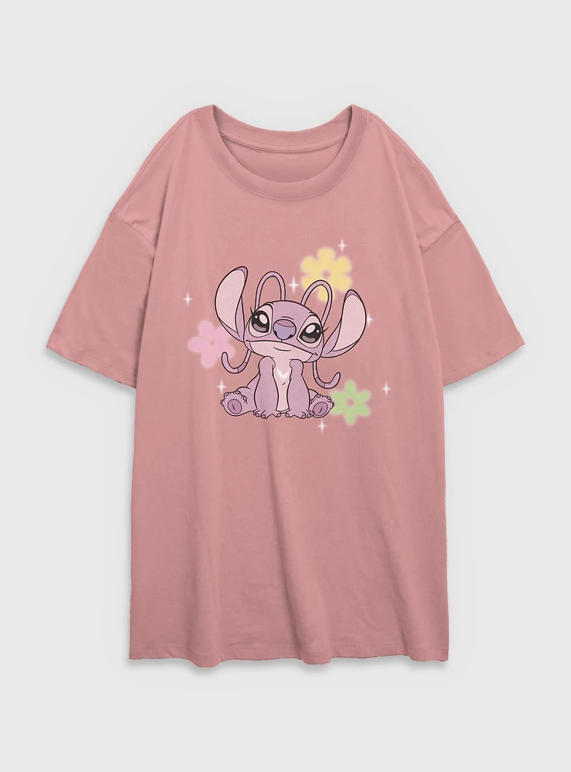 Disney Lilo & Stitch Angel Flowers Womens Oversized T-Shirt