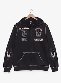 Star Wars The Mandalorian Grogu & Mando Embroidered Icons Zippered Hoodie - BoxLunch Exclusive