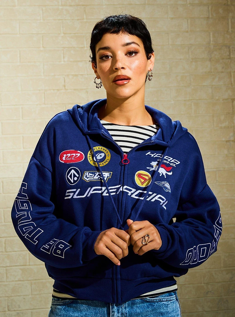 DC Supergirl Embroidered Patches Women's Cropped Zippered Hoodie - BoxLunch Exclusive