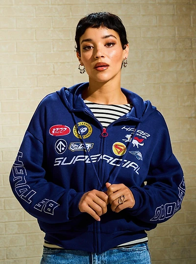 DC Supergirl Embroidered Patches Women's Cropped Zippered Hoodie - BoxLunch Exclusive