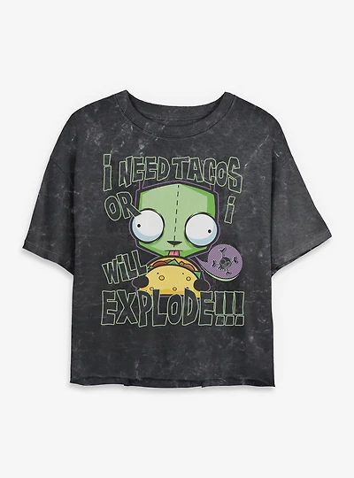 Invader ZIM I Need Tacos Or Will Explode Mineral Wash Womens Crop T-Shirt