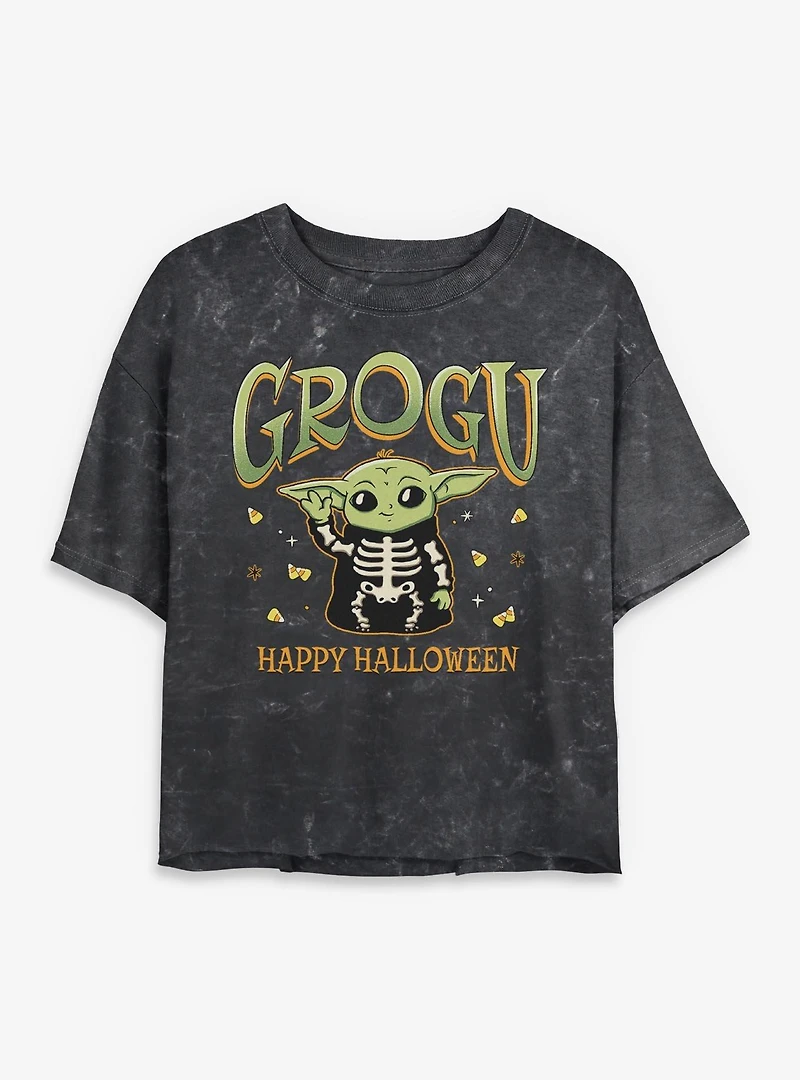 Star Wars The Mandalorian Grogu Happy Halloween Mineral Wash Womens Crop T-Shirt