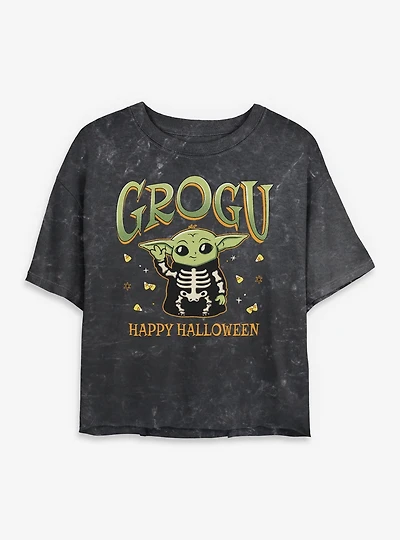 Star Wars The Mandalorian Grogu Happy Halloween Mineral Wash Womens Crop T-Shirt