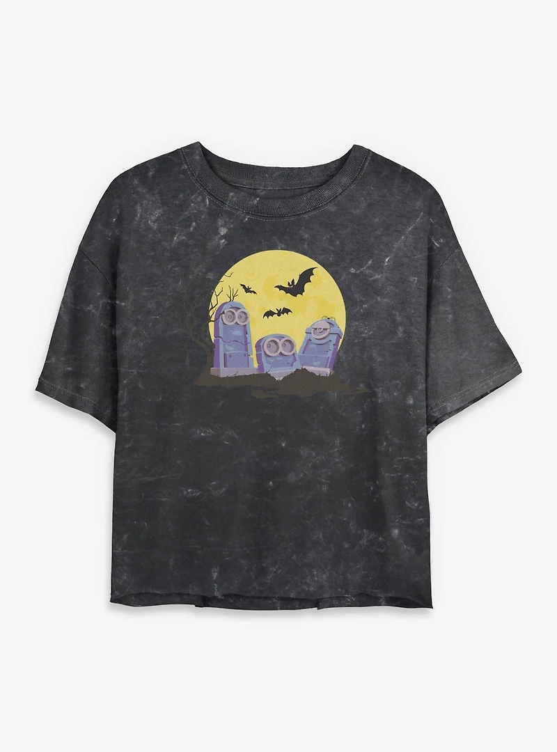 Minions Spooky Tombstone Cemetery Mineral Wash Womens Crop T-Shirt