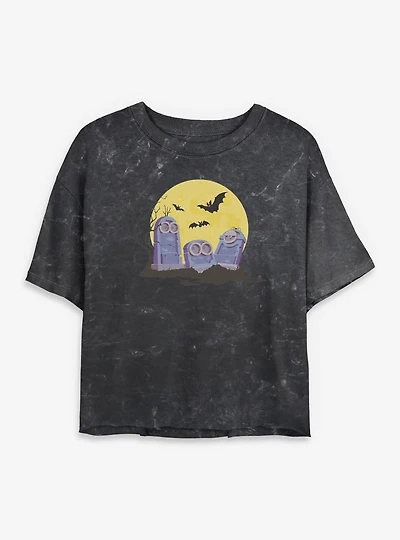 Minions Spooky Tombstone Cemetery Mineral Wash Womens Crop T-Shirt
