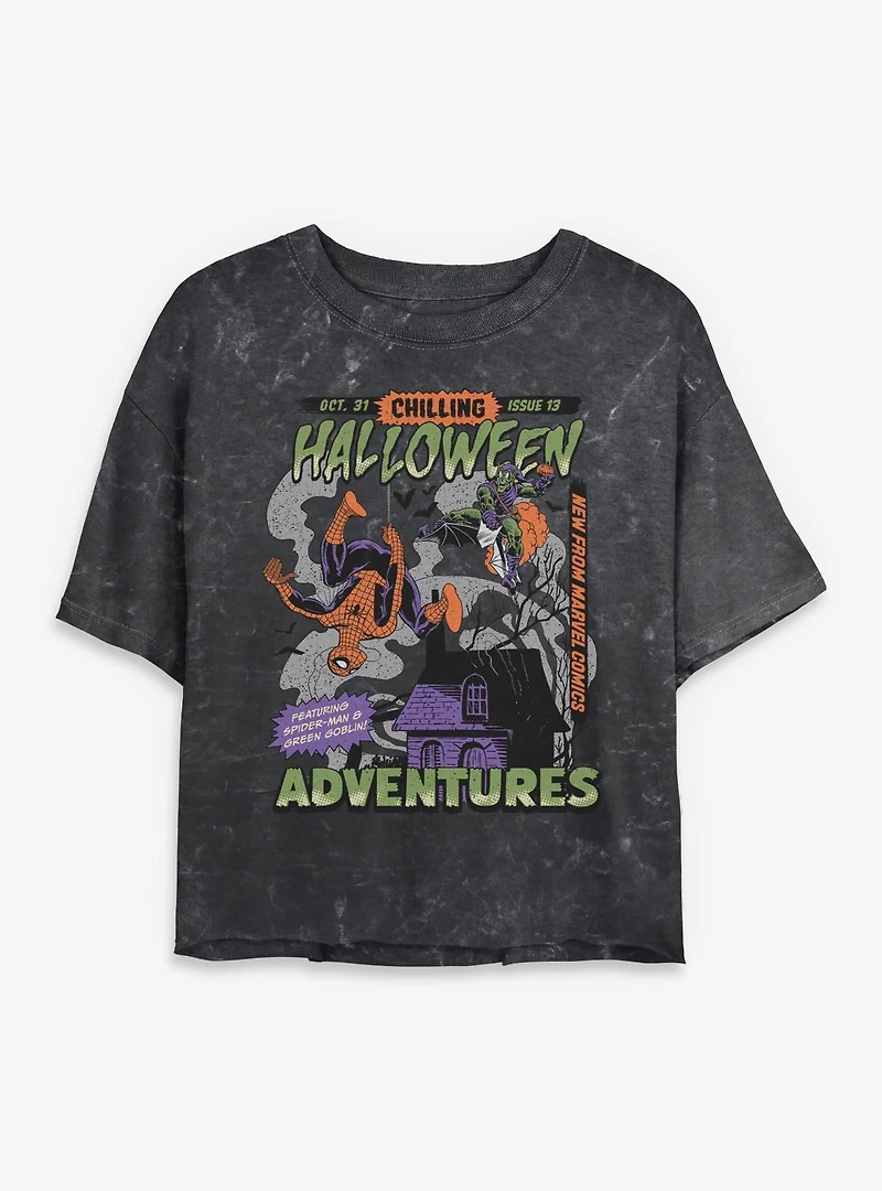 Marvel Spider-Man Chilling Halloween Adventures Comic Style Cover Mineral Wash Womens Crop T-Shirt