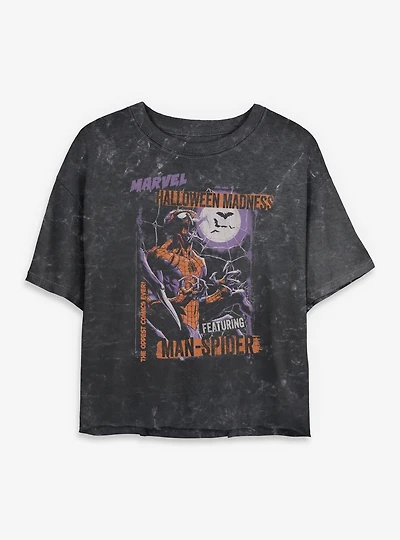 Marvel Spider-Man Halloween Madness Comic Style Cover Mineral Wash Womens Crop T-Shirt