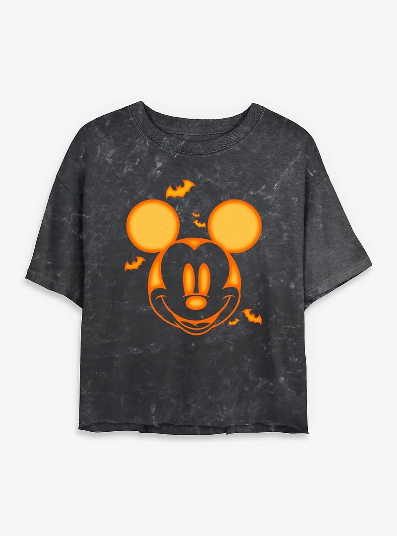 Disney Mickey Mouse Pumpkin Face Mineral Wash Womens Crop T-Shirt