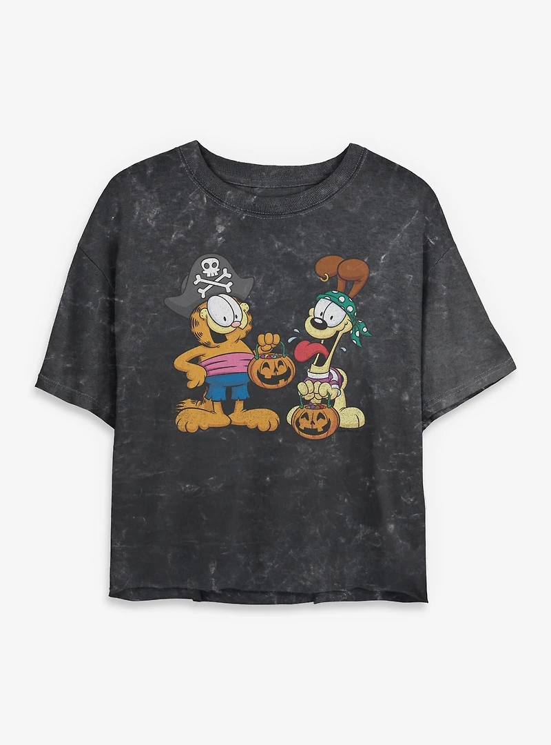 Garfield Pirate Buds and Odie Mineral Wash Womens Crop T-Shirt