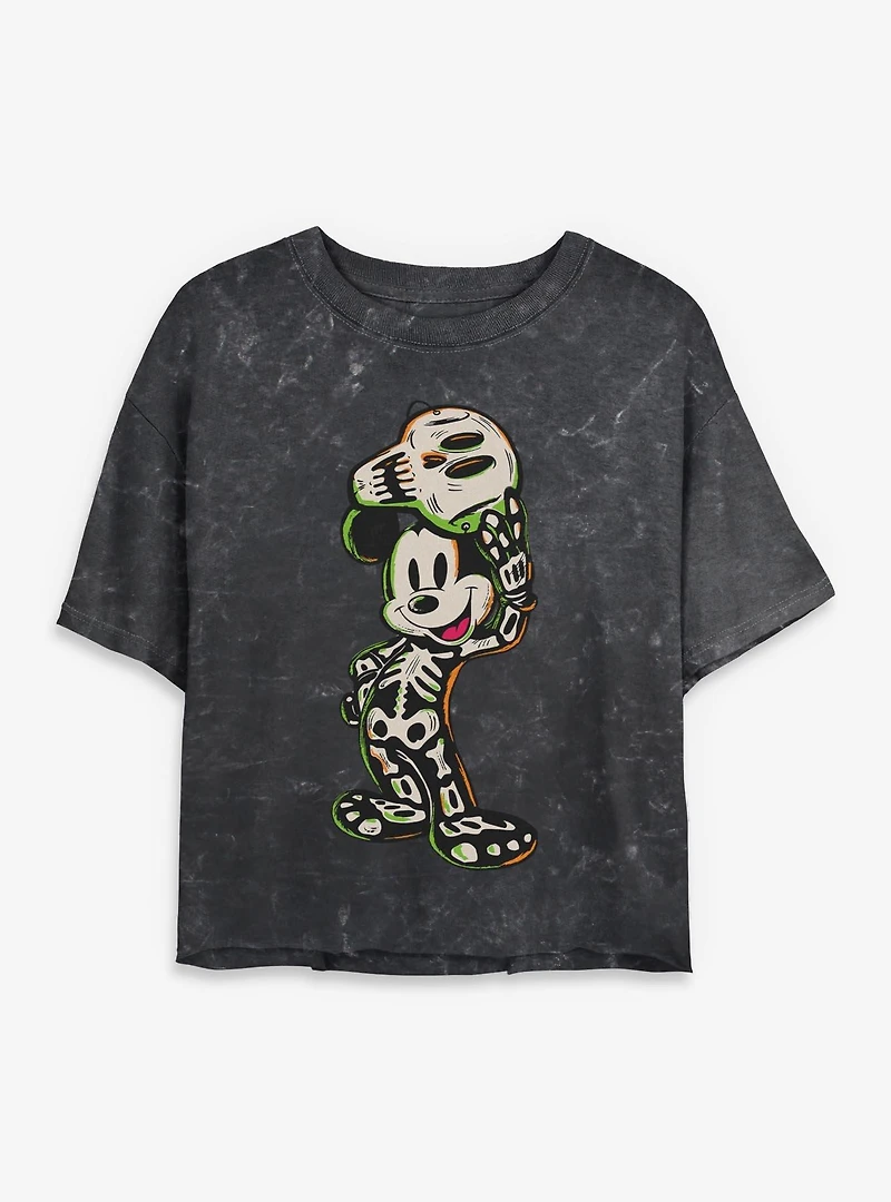 Disney Mickey Mouse Skeleton Mineral Wash Womens Crop T-Shirt
