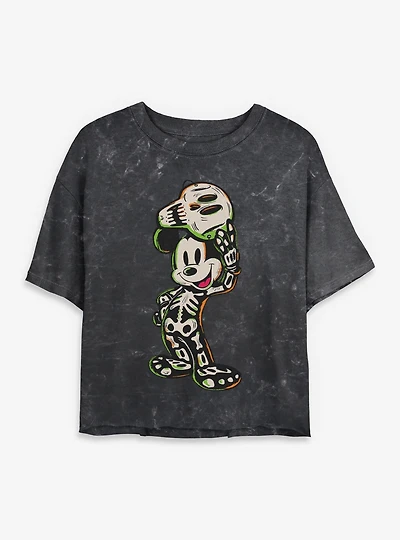Disney Mickey Mouse Skeleton Mineral Wash Womens Crop T-Shirt
