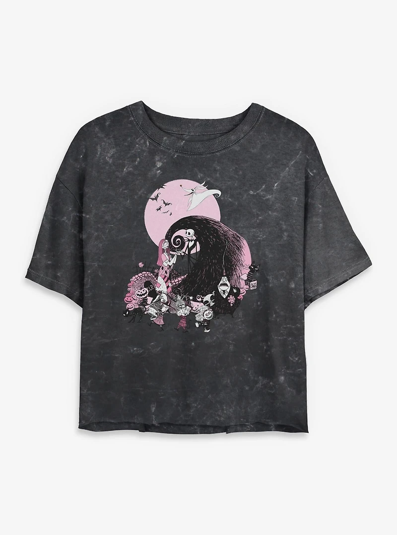 The Nightmare Before Christmas Classic Scene Group Mineral Wash Womens Crop T-Shirt