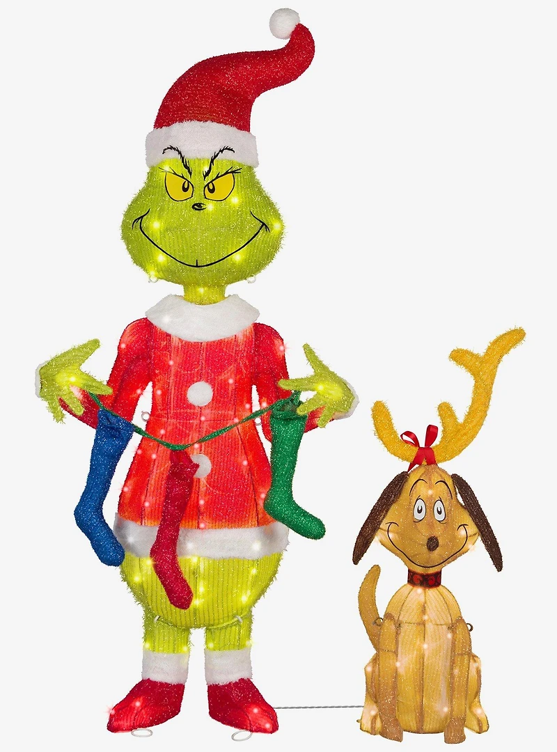 Dr. Seuss How The Grinch Stole Christmas The Grinch with Stockings Lighted Tinsel Sculpture