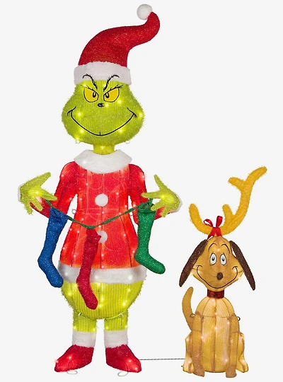 Dr. Seuss How The Grinch Stole Christmas The Grinch with Stockings Lighted Tinsel Sculpture