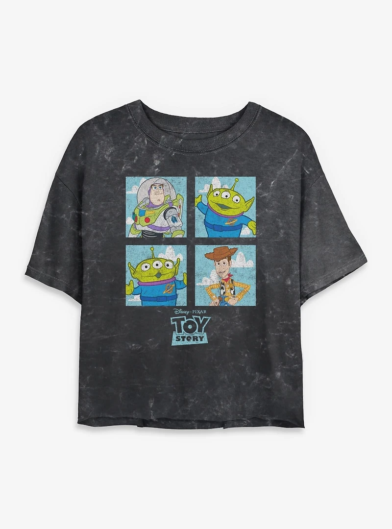 Disney Pixar Toy Story Buzz Woody Alien Panels Womens Mineral Wash Crop T-Shirt