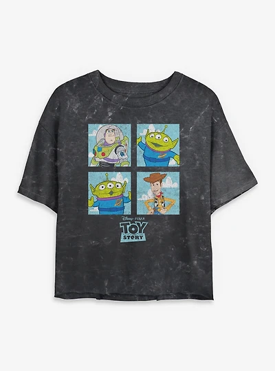 Disney Pixar Toy Story Buzz Woody Alien Panels Womens Mineral Wash Crop T-Shirt