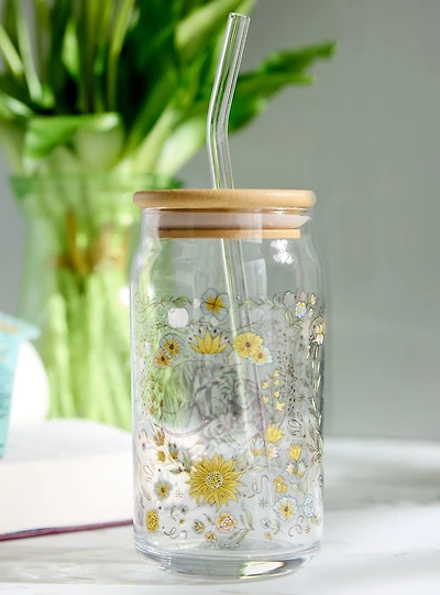 Disney Princess & Horses Floral Glass Cup with Straw - BoxLunch Exclusive