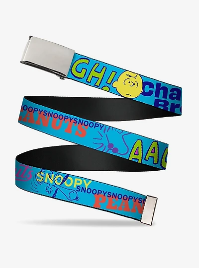Peanuts Charlie Brown Snoopy and Woodstock Typography Adjustable Clamp Buckle Belt