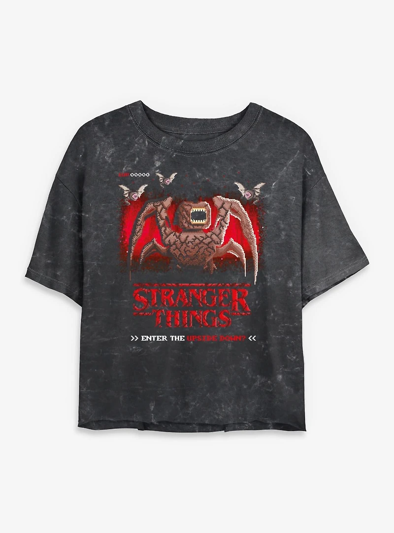 Stranger Things Start Videogame Upside Down Womens Mineral Wash Crop T-Shirt
