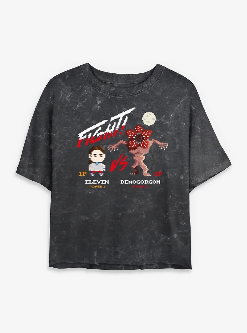Stranger Things Eleven VS Demogorgon Fight Womens Mineral Wash Crop T-Shirt