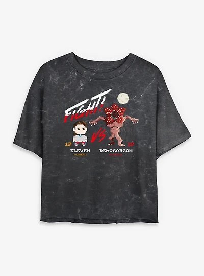 Stranger Things Eleven VS Demogorgon Fight Womens Mineral Wash Crop T-Shirt