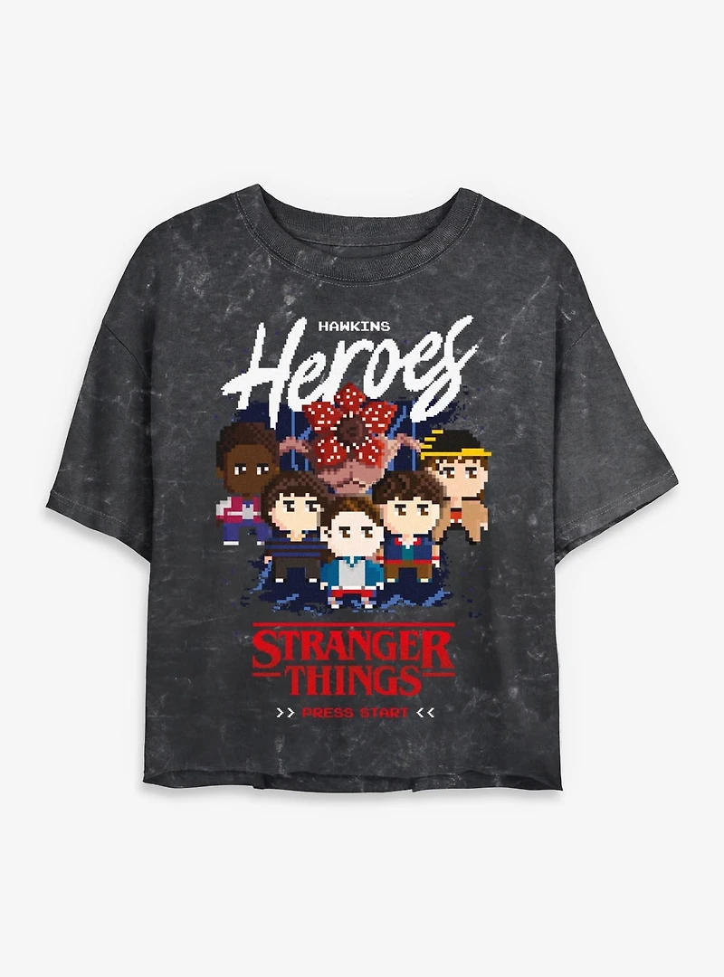 Stranger Things Hawkins Heroes Players Womens Mineral Wash Crop T-Shirt