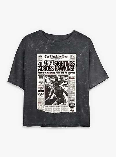 Stranger Things Strange Sightings Across Hawkins Womens Mineral Wash Crop T-Shirt