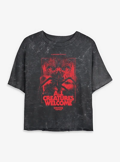 Stranger Things All Creatures Welcome Womens Mineral Wash Crop T-Shirt