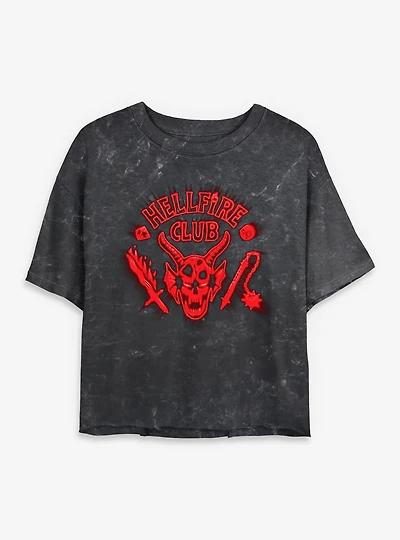 Stranger Things Hellfire Club Red Glow Womens Mineral Wash Crop T-Shirt